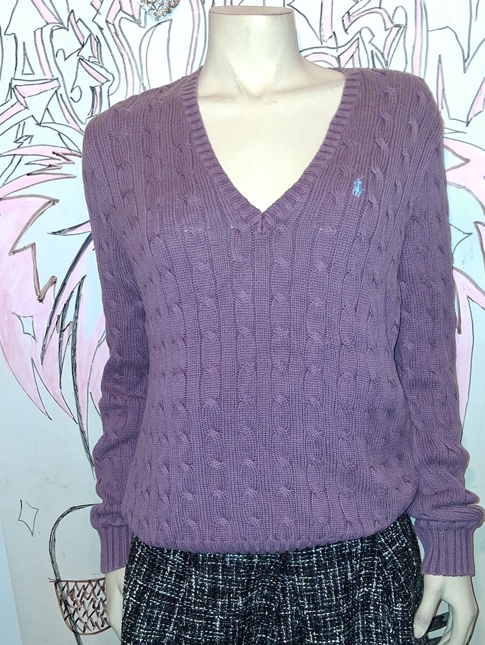Ralph Lauren Lavender Cable-Knit V-Neck Sweater